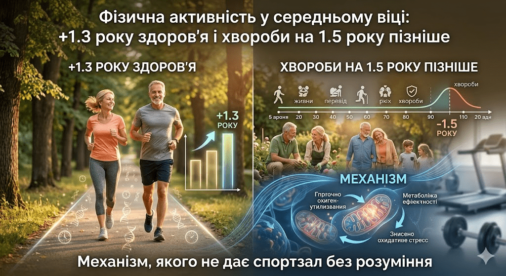 Фізична активність у середньому віці: +1.3 року здоров'я і хвороби на 1.5 року пізніше — механізм, якого не дає спортзал без розуміння